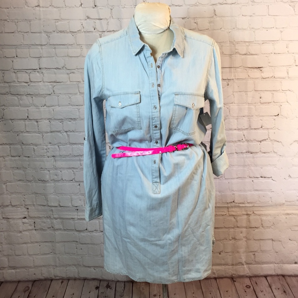 NWT Route 66 Blue Cotton Shirt Dress Buttons up Pink belt Long Sleeve Large